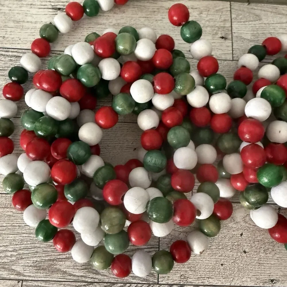 Vintage 9 ft WOODEN BEAD Christmas Tree Garland Strands Red Green White LOT OF 2